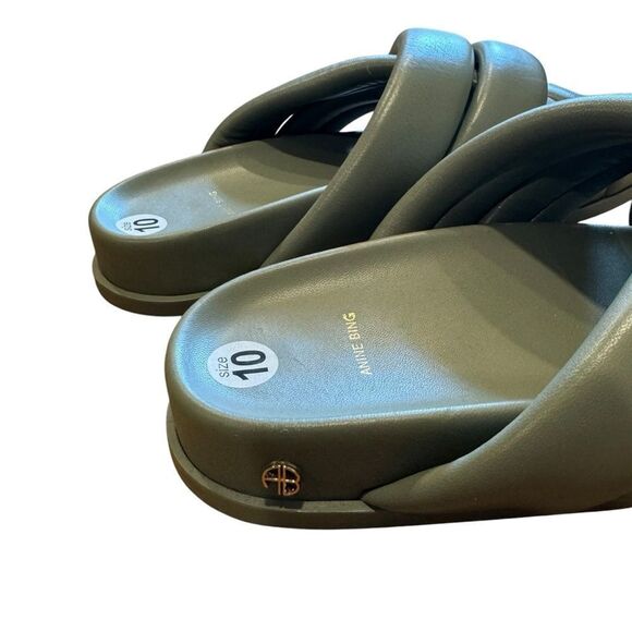 Revolve Anine Bing Lizzie Lamb Leather Slides in Green Khaki Sandals - Picture 7 of 11